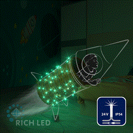 Светодиодная уличная гирлянда нить Rich LED RL-S10CF-24V-T/G IP54 10 м (из 2-х по 5м), 100 LED, 24В, низковольтная соединяемая, влагозащитный колпачок, зеленый свет, мерцающая, прозрачный провод, без трансформатора