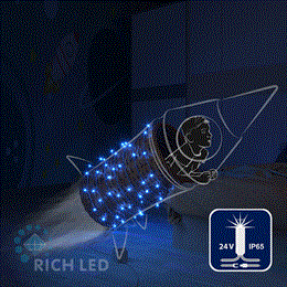 Светодиодная уличная гирлянда нить Rich LED RL-S10CF-24V-CW/B IP65 10 м (из 2-х по 5м), 100 LED, 24В, низковольтная соединяемая, влагозащитный колпачок, синий свет, мерцающая, белый провод, без трансформатора