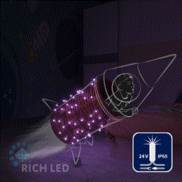 Светодиодная уличная гирлянда нить Rich LED RL-S10CF-24V-CW/V IP65 10 м (из 2-х по 5м), 100 LED, 24В, низковольтная соединяемая, влагозащитный колпачок, фиолетовый свет, мерцающая, белый провод, без трансформатора