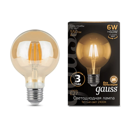 Лампа Gauss Filament золотистый шар G95 6W 550lm 2400К Е27 golden LED