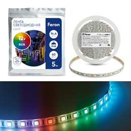 Светодиодная лента влагозащищенная 5м, RGB ,12V, 14,4  Вт/м, яркая, разноцветная