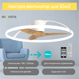 Люстра вентилятор потолочный  105X26 СМ IP20 20 м2 LED с пультом ДУ;приложение;Bluetooth двигатель DC-бесшумный белый/бук