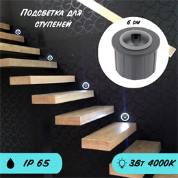 Подсветка для ступеней точечный встраиваемый круглый 6см 3Вт 4000К IP65 серый