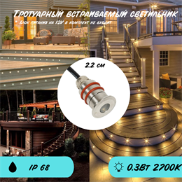 Светильник тротуарный уличный встраиваемый миниатюрный круглый сталь D2,2см 0,3Вт 2700К IP68 12V
