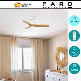 Потолочный вентилятор Faro Barcelona  90X27 СМ IP20 13 м2 с пультом ДУ 6 скоростей  двигатель DC-бесшумный белый/дерево