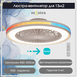 Люстра вентилятор потолочный  55,6X14,2 СМ IP20 13 м2 LED с пультом ДУ двигатель DC-бесшумный белый