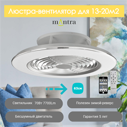 Люстра вентилятор потолочный  63X16 СМ IP20 13-20 м2 LED с пультом ДУ;приложение;Bluetooth двигатель DC-бесшумный серебро