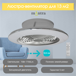 Люстра вентилятор потолочный  52,5X16,5 СМ IP20 13 м2 LED с пультом ДУ двигатель DC-бесшумный серый