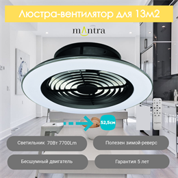 Люстра вентилятор потолочный  52,5X16,5 СМ IP20 13 м2 LED с пультом ДУ двигатель DC-бесшумный черный mantra_7495