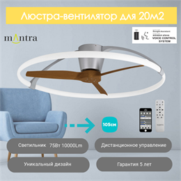 Люстра вентилятор потолочный  105X26 СМ IP20 20 м2 LED с пультом ДУ;приложение;Bluetooth двигатель DC-бесшумный серебристый/орех