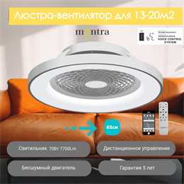 Люстра вентилятор потолочный  65X20 СМ IP20 13-20 м2 LED с пультом ДУ;приложение;Bluetooth двигатель DC-бесшумный серебро