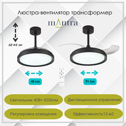 Люстра вентилятор потолочный 45-91X32,3-44,8 СМ IP20 13 м2 LED с пультом ДУ двигатель DC-бесшумный черный/прозрачный mantra_8831