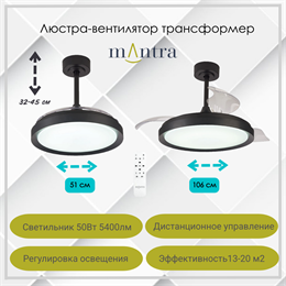 Люстра вентилятор потолочный 51,5-106X32,3-44,8 СМ IP20 13-20 м2 LED с пультом ДУ двигатель DC-бесшумный черный/прозрачный