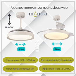 Люстра вентилятор потолочный 51,5-106X32,3-44,8 СМ IP20 13-20 м2 LED с пультом ДУ двигатель DC-бесшумный белый/прозрачный mantra_8826