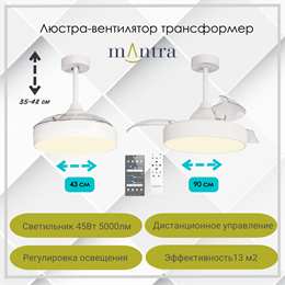 Люстра вентилятор потолочный 43-90,7X35,5-48 СМ IP20 13 м2 LED приложение;с пультом ДУ двигатель DC-бесшумный белый/прозрачный