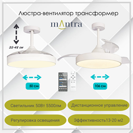 Люстра вентилятор потолочный 50-106,2X35,5-48 СМ IP20 20 м2 LED приложение;с пультом ДУ двигатель DC-бесшумный белый/прозрачный