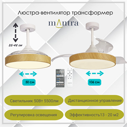 Люстра вентилятор потолочный 50-106,2X35,5-48 СМ IP20 20 м2 LED приложение;с пультом ДУ двигатель DC-бесшумный дерево/прозрачный