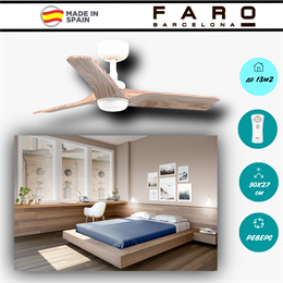 Люстра вентилятор потолочный Faro Barcelona  90X27 СМ (светильник 10Вт) IP20 13 м2 с пультом ДУ 6 скоростей  двигатель DC-бесшумный белый/дерево 33805-1TW