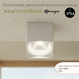 Уличный потолочный светодиодный светильник накладной влагозащищенный 13*11см IP54 24Вт 4000К белый квадрат WC1405-White